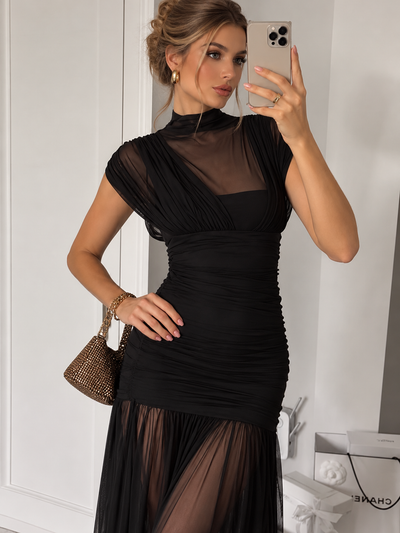 Sheer Mesh Ruched Pleated Maxi Dress by Exclusives in black