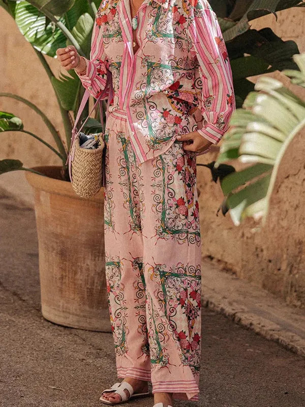 Floral Print Long Sleeve Shirt ＆ Wide Leg Pants Coord Set