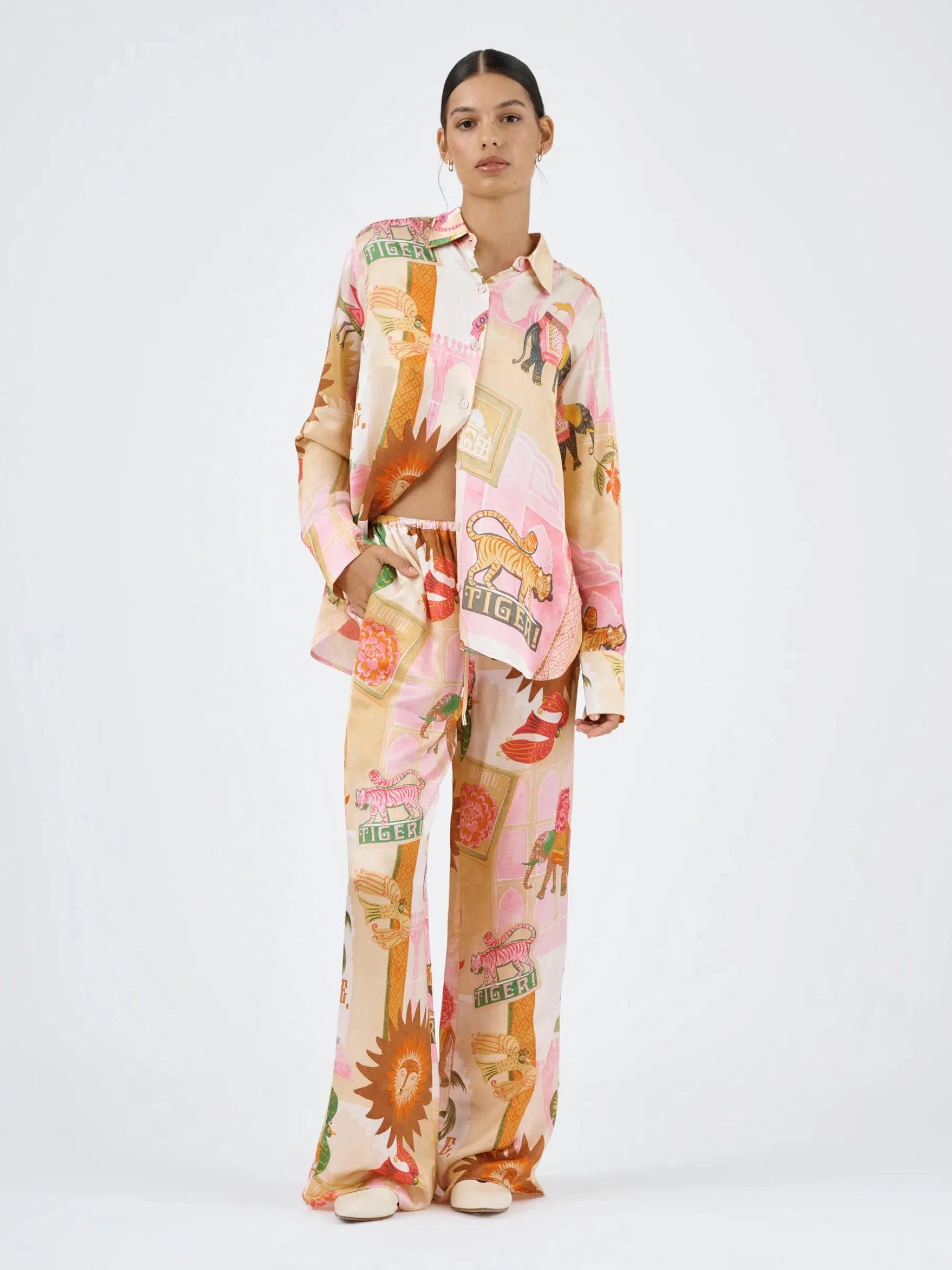 Summer Elephant Tiger Print Shirt & Pants Coord Set