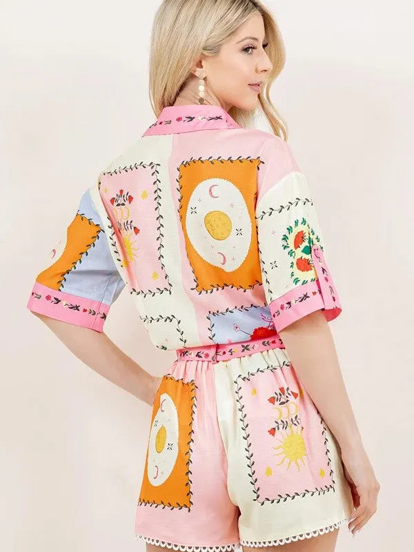 Sun/ Moon Tile Print Shirt & Shorts Coord Set