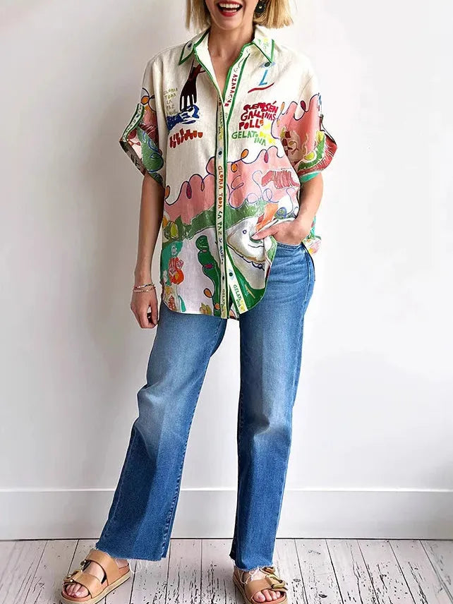 Letter Graphic Print Linen Shirt