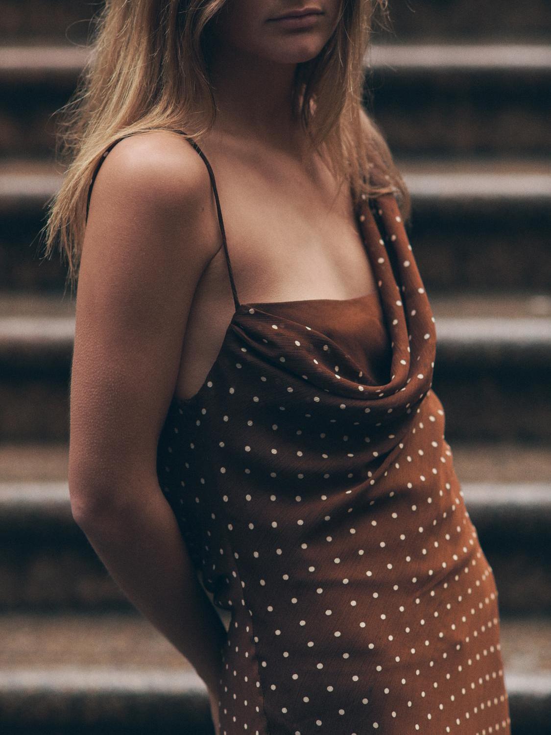 Polka Dot Draped Asymmetric Maxi Dress