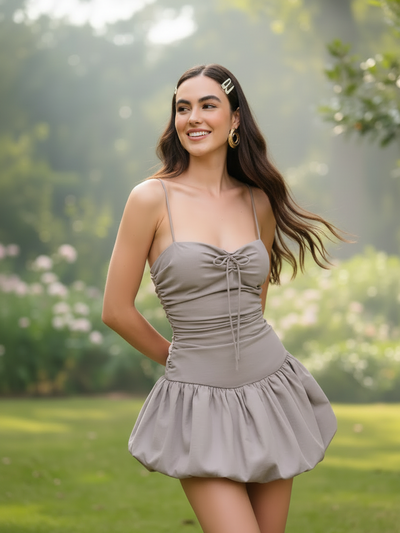 Spaghetti-strap ruched bodice puff-short dress by Exclusives in gray with bubble skirt