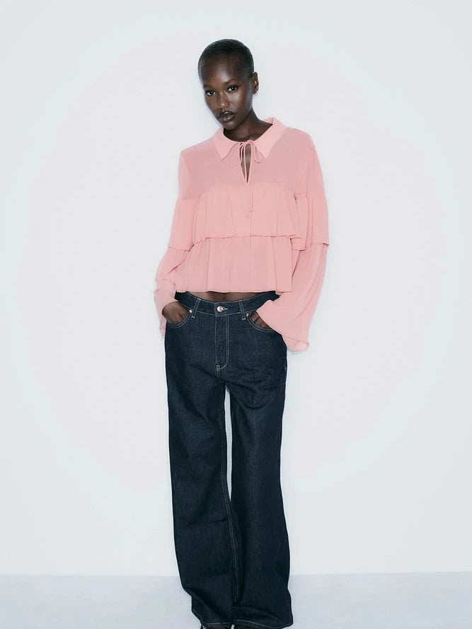 Drawstring Collar Ruffle Blouse Top