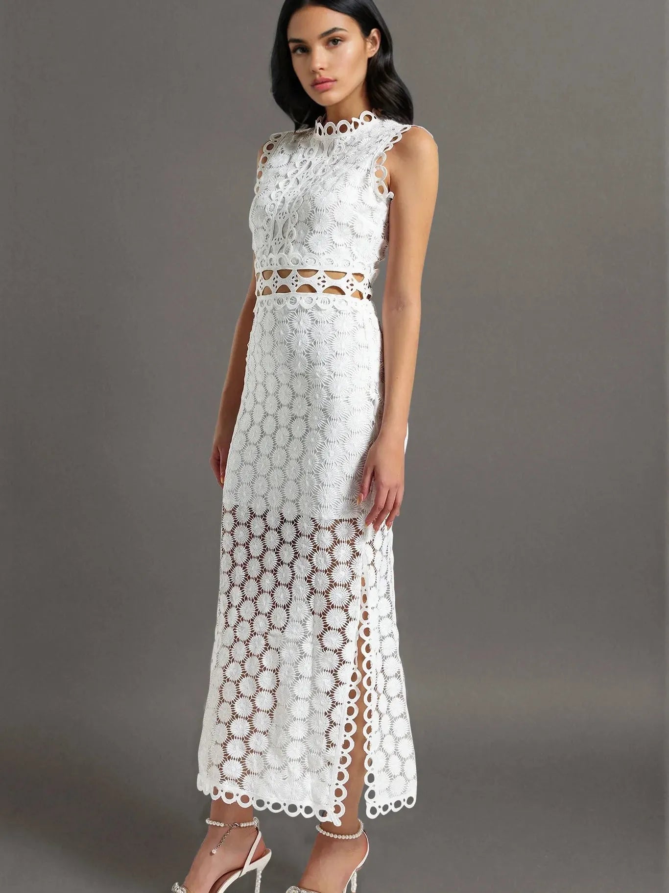 Crew Neck Laser Sleeveless Slit Maxi Lace Dress