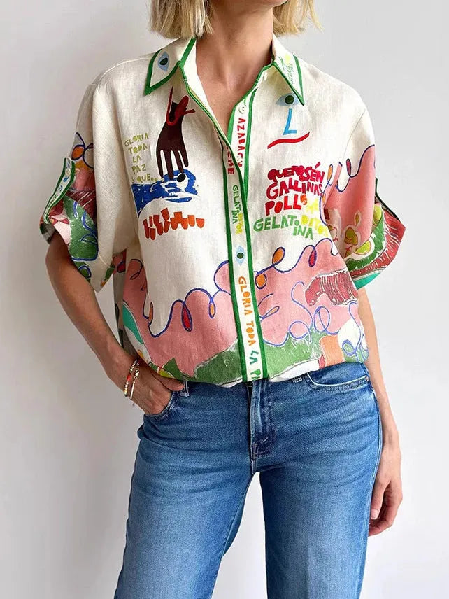 Letter Graphic Print Linen Shirt