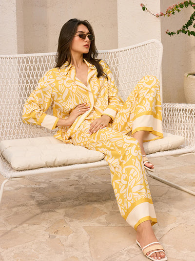 Butter Yellow Floral Print Shirt & Pants Coord Set
