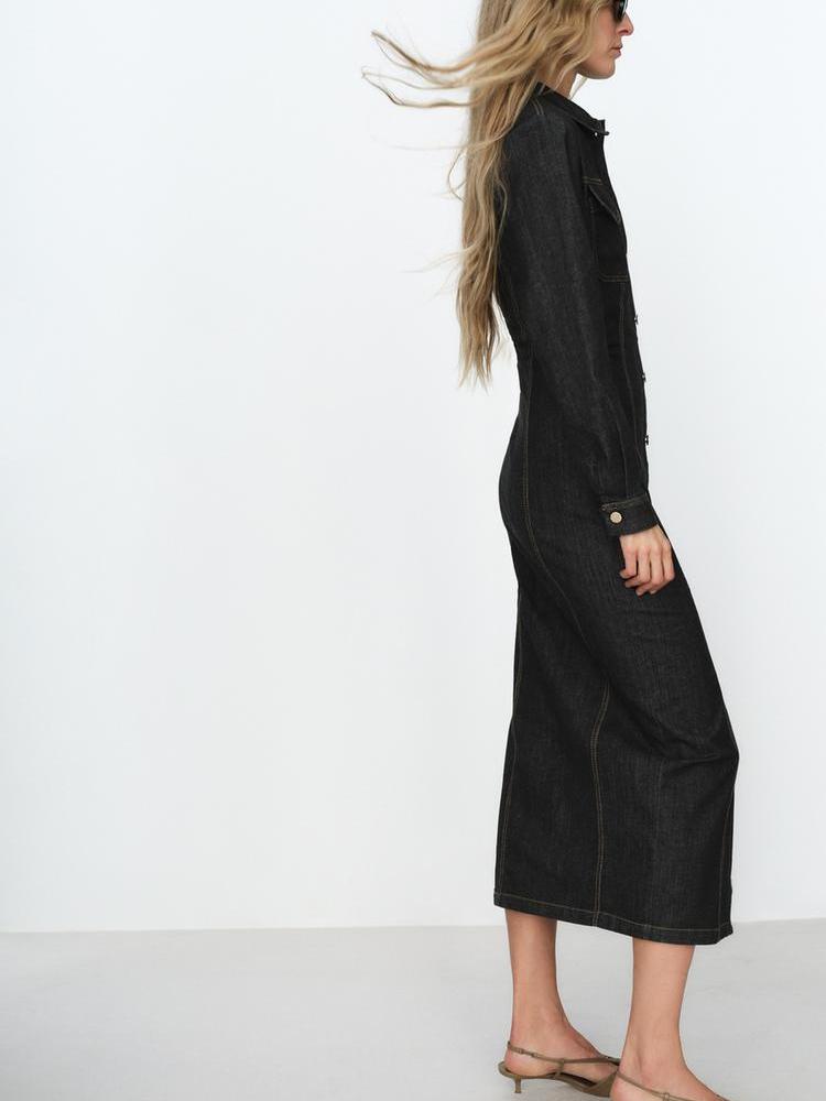 Denim Path Pockets Collared Dress