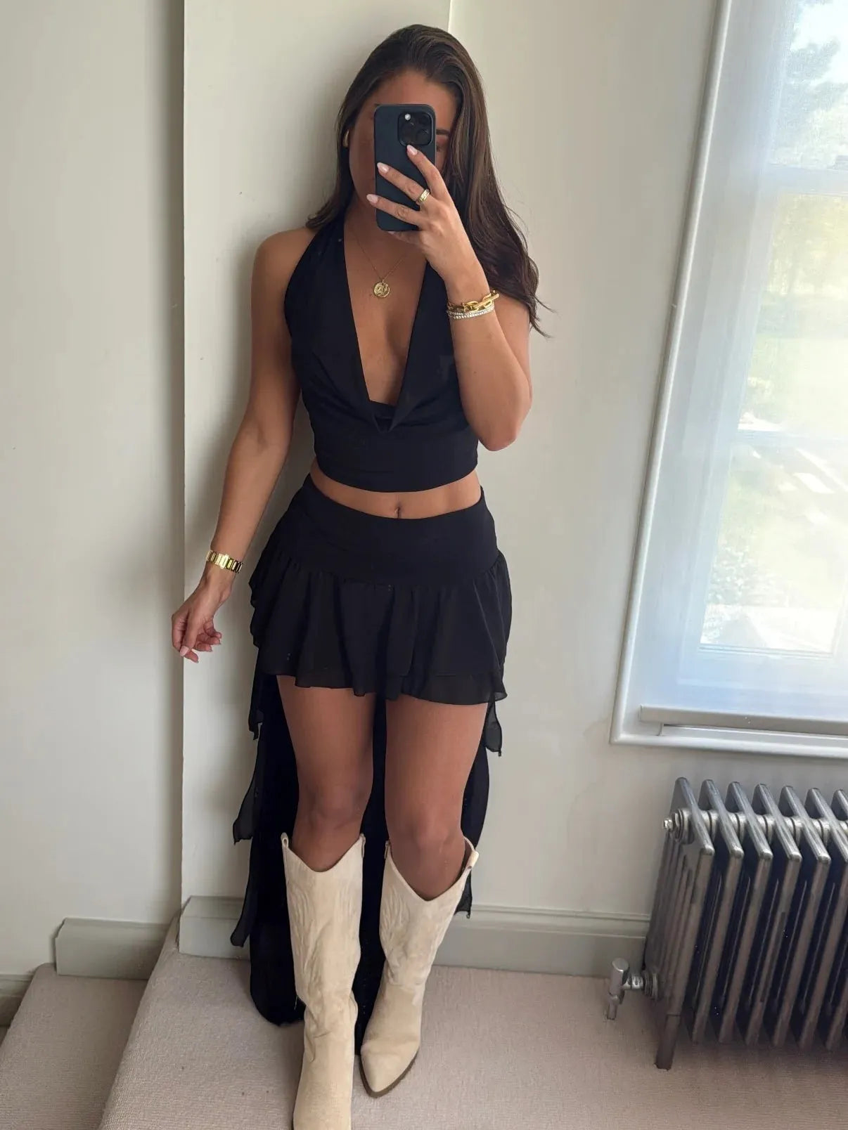 Cowl Neck Ruffle Mesh Asymmetric Skirt Coord Set Set