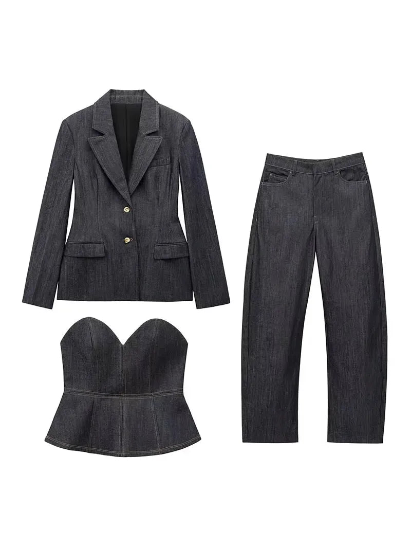 Denim Peplum Tube Top Blazer & Pants Coord Set