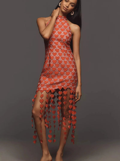 Heart Laser Print Cutout Sleeveless Fringe Midi Dress