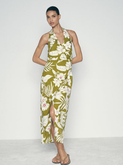 Floral Print Halterneck Backless Slit Maxi Dress