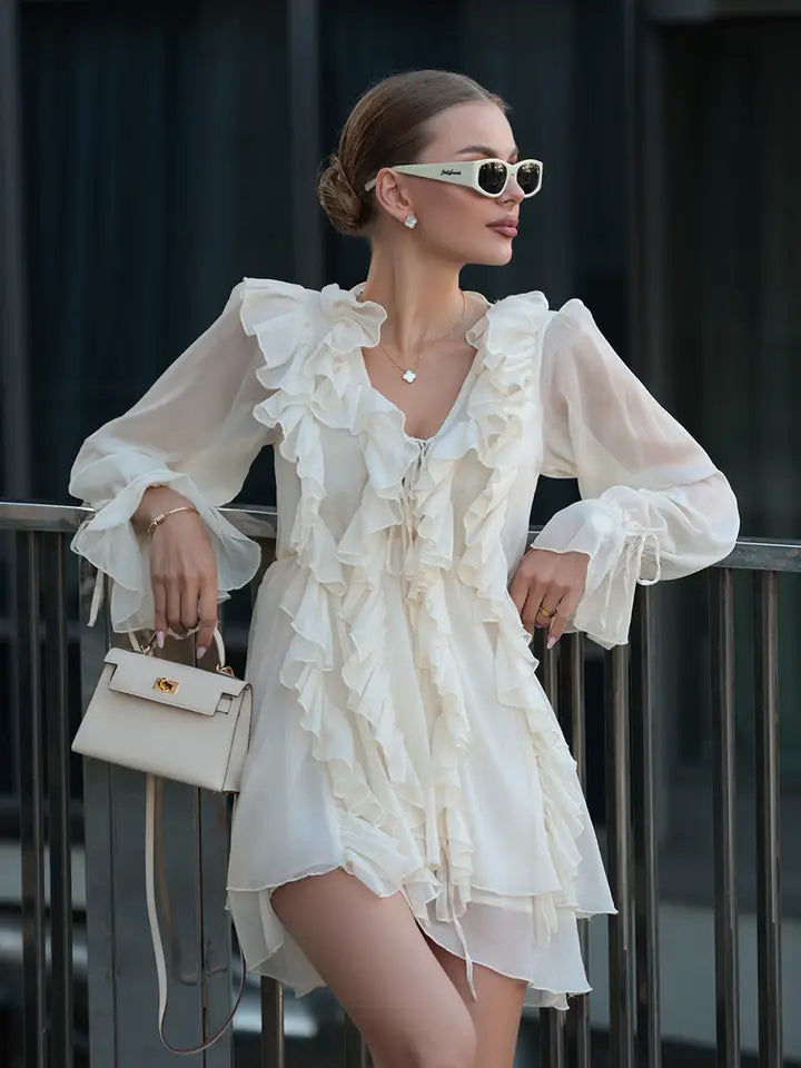 V Neck Sleeve With Ruffle Hem Short Dress