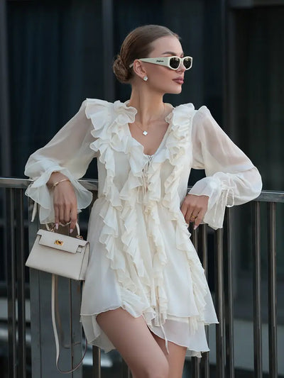 V Neck Sleeve With Ruffle Hem Short Dress