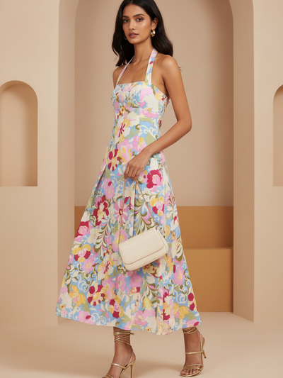 Floral Patterned Halterneck Maxi Dress in pastel floral print, on sale