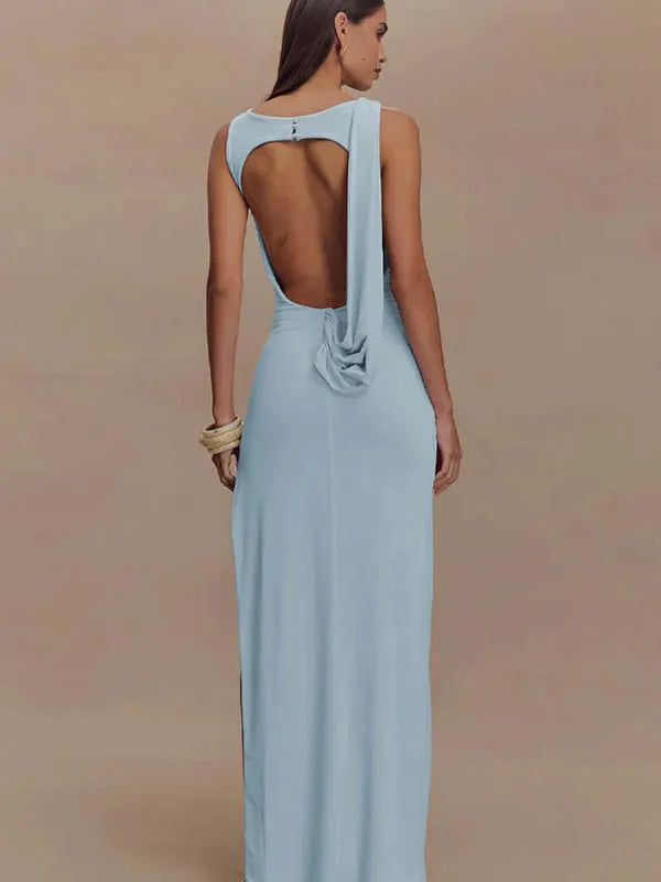 Ruched Backless Sleeveless Maxi Dress