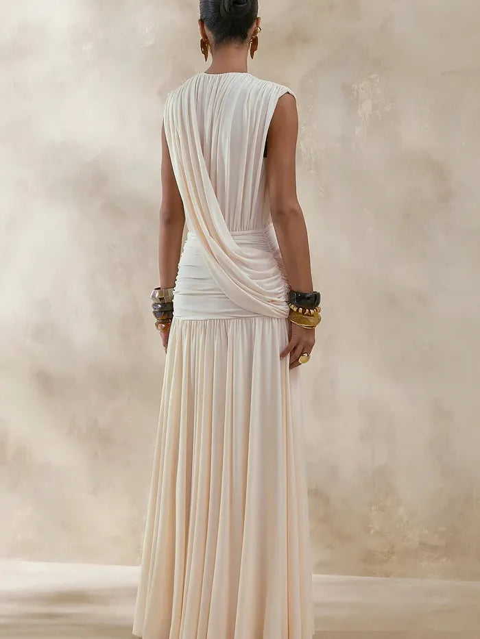 Sienna Draped Maxi Dress, ivory back-draped design with flowing silhouette