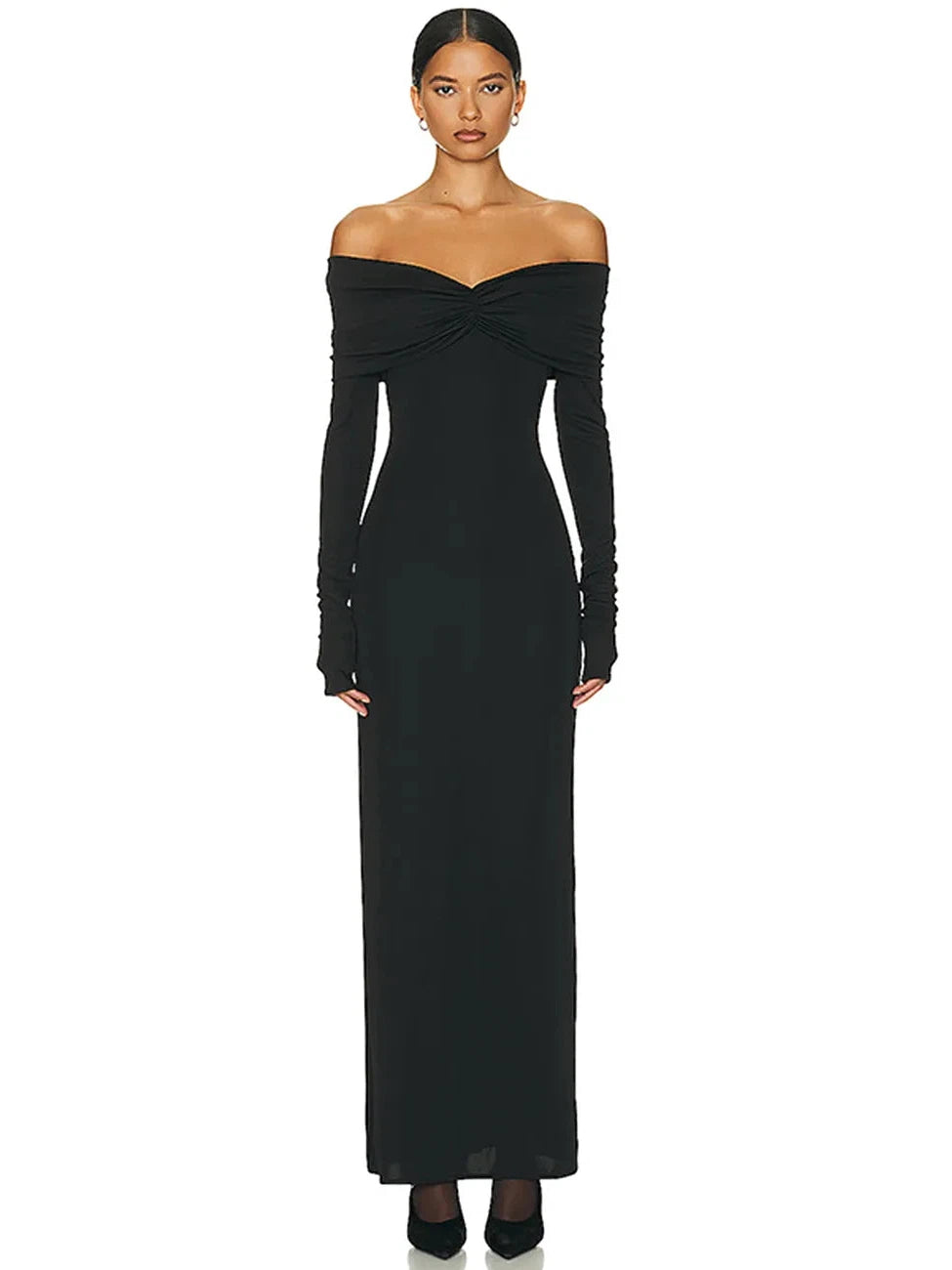Model in a black off-shoulder long-sleeve maxi dress with a twisted ruched bodice.