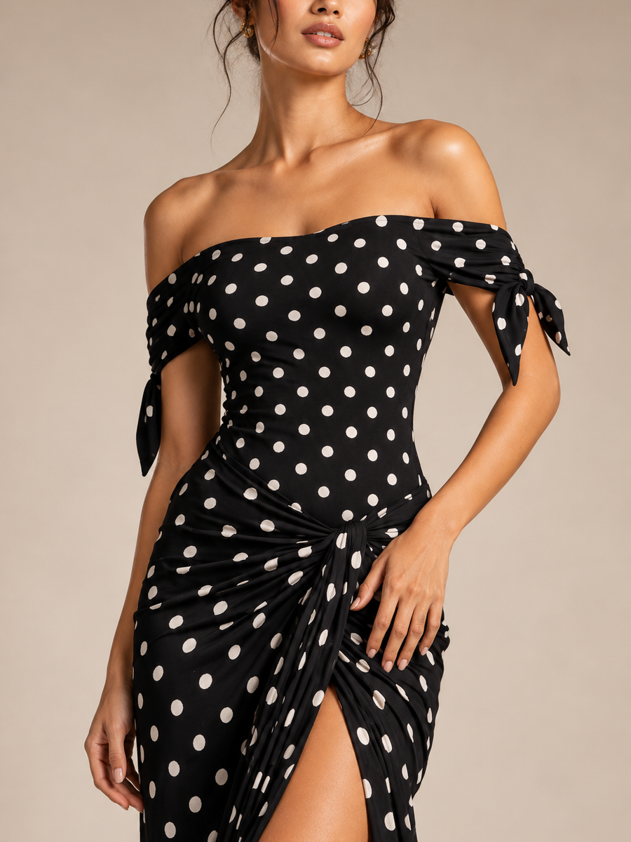 Polka Dot Off-Shoulder Swimsuit & Sarong Set, black with white polka dots, waist-wrap tie