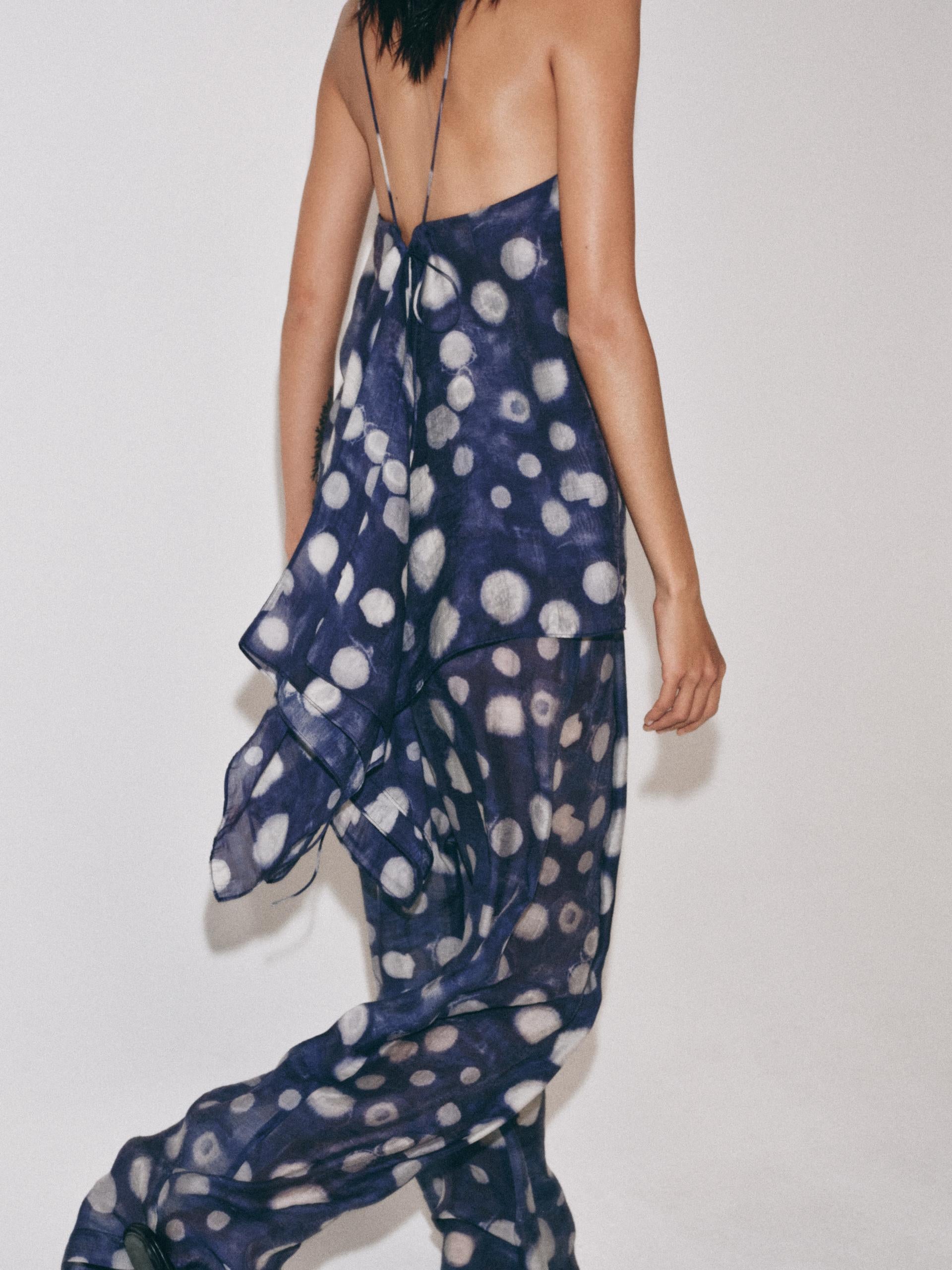 Moonlit Tides Satin Coord Set Exclusives navy polka-dot satin two-piece with back-tie straps