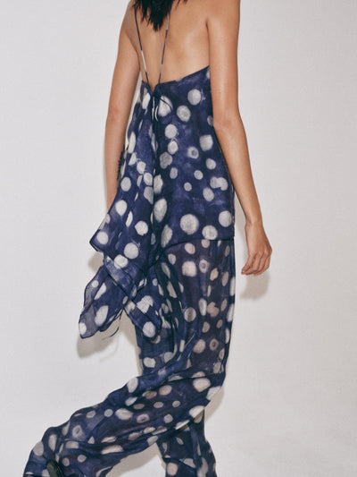 Moonlit Tides Satin Coord Set Exclusives navy polka-dot satin two-piece with back-tie straps