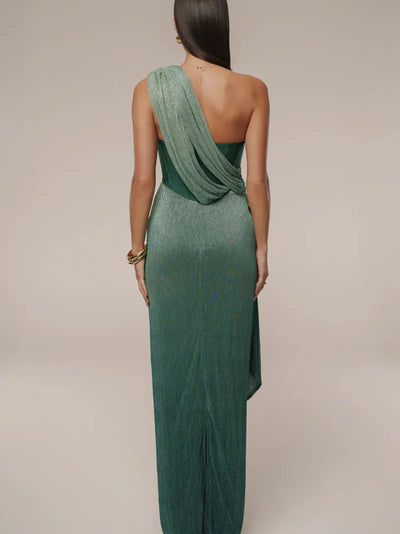 Drape Shimmery Corset Dress, emerald green, full-length gown with a draped back strap.