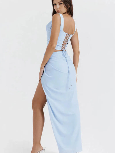 Tied Back Corset Top & Slit Skirt Coord Set