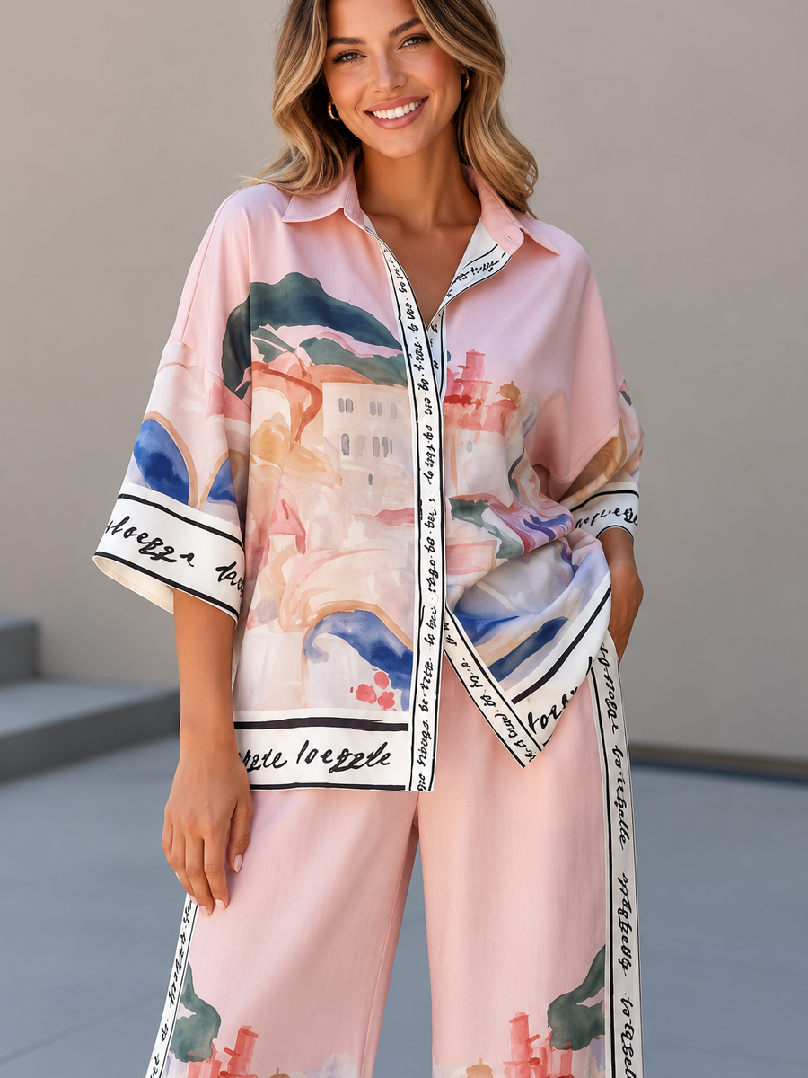 Pastel pink watercolor print shirt and wide-leg pants combo set by Exclusives