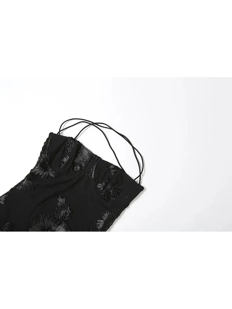 Spaghetti Strap Mesh 3D Applique Plate Floral Sheath Dress