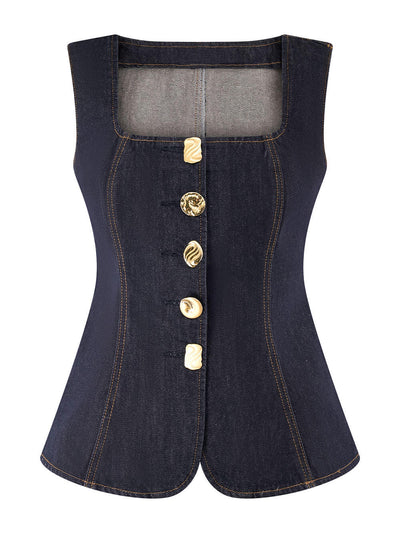 Sleeveless Button Down Applique Denim Vest Top