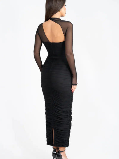 Mesh Sleeves Hollow Out Cutout Maxi Dress