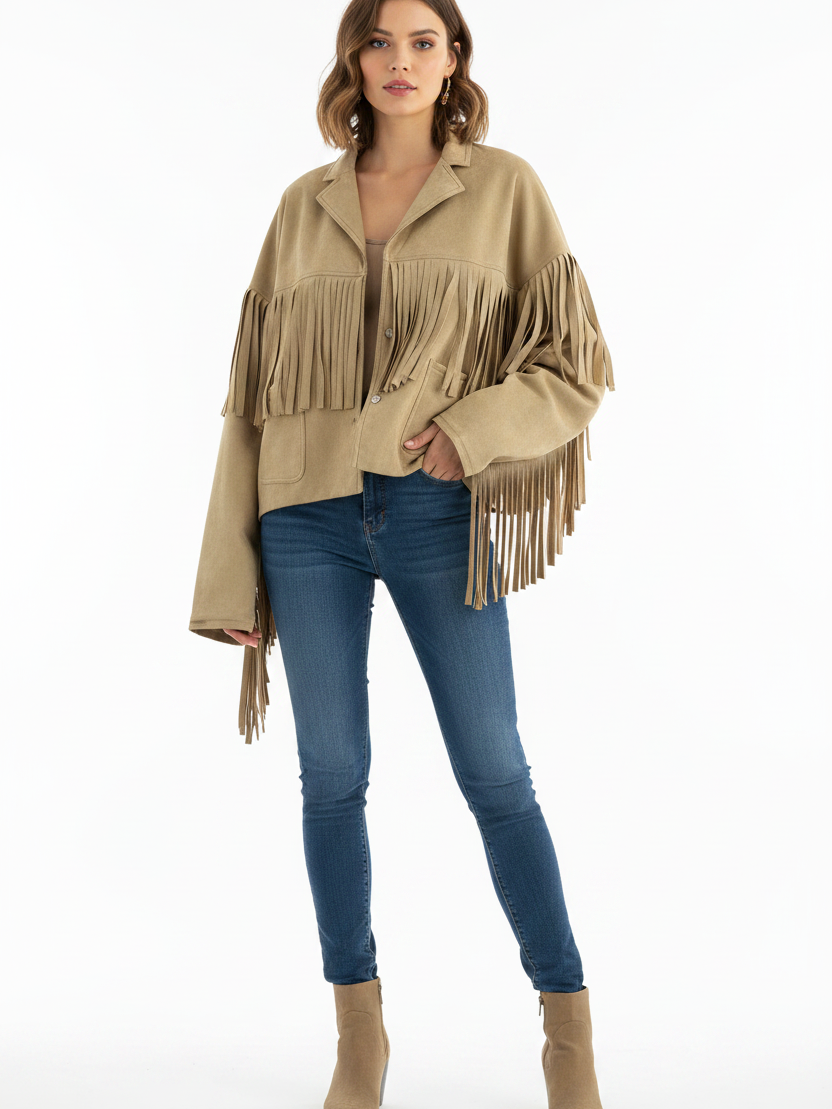 Suede Fringe Tassel Full Sleeves Blazer by Exclusives on sale, beige jacket with long fringe
