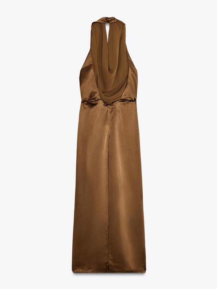 Brown Satin Halterneck Backless Slit Dress