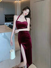 Halterneck Sweetheart Neck Velvet Slit Midi Dress