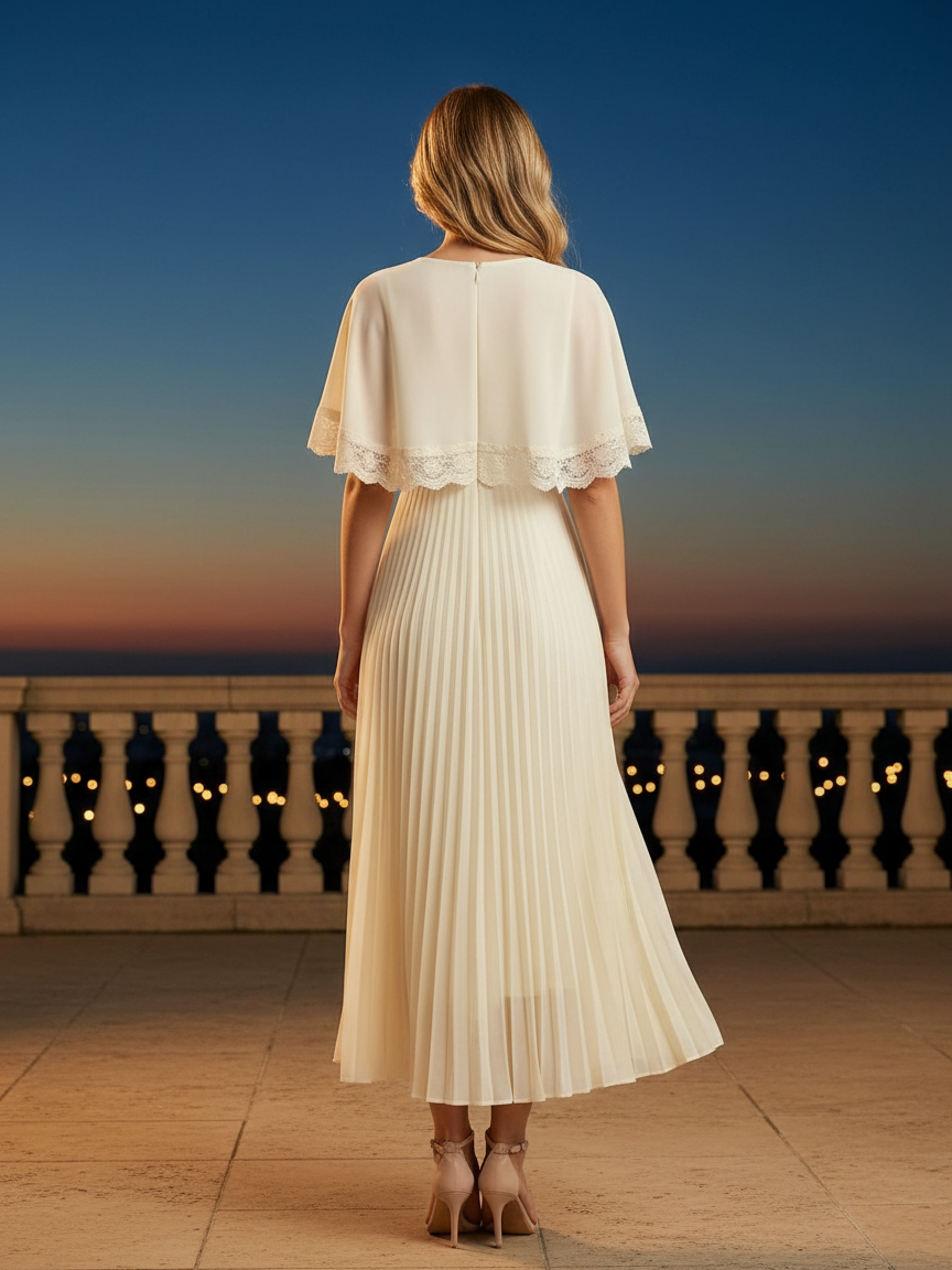 Back view of ivory cape-sleeve maxi dress with lace trim and pleated skirt, standing on a terrace at sunset.