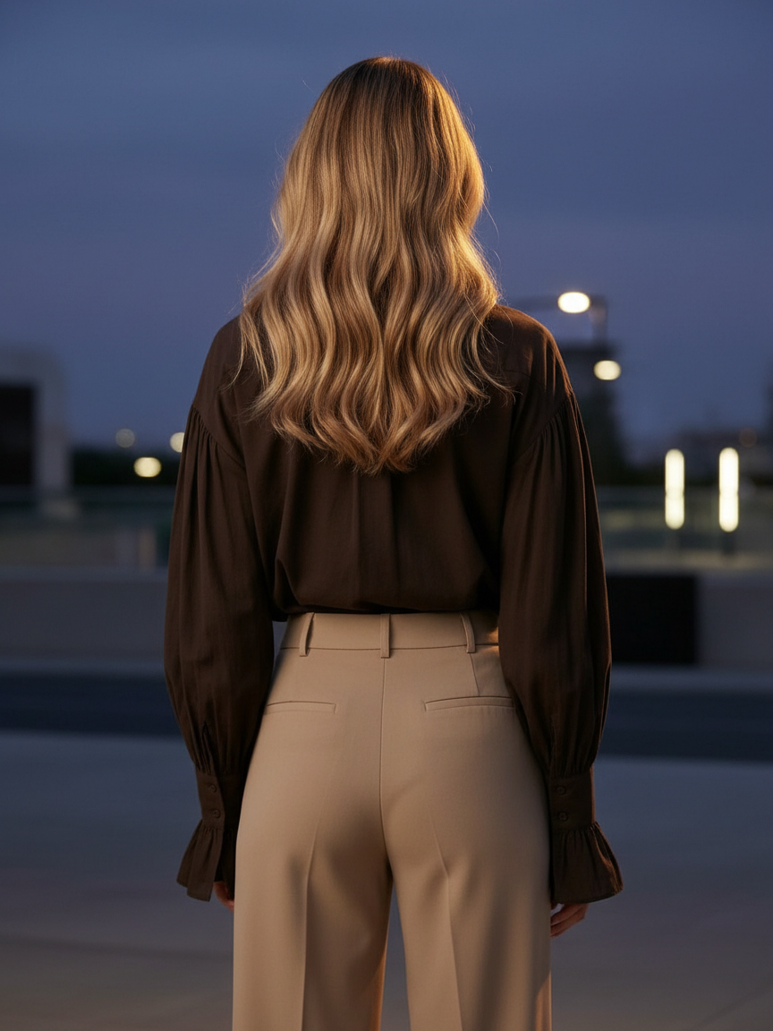 Back view of a dark brown oversized shirt with ruffle cuffs, tucked into beige high-waisted pants, outdoors at dusk.