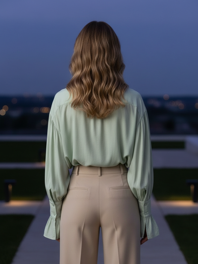 Back view of a person in a mint oversized shirt with ruffled cuffs, tucked into beige high-waisted trousers; wavy hair