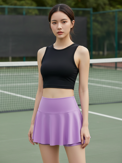 Young woman on a tennis court wearing a black sleeveless crop top and lavender skort, standing near the net.