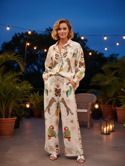 Cream leopard-tropical print shirt and wide-leg pants set on a woman, pockets visible, outdoor patio with string lights.