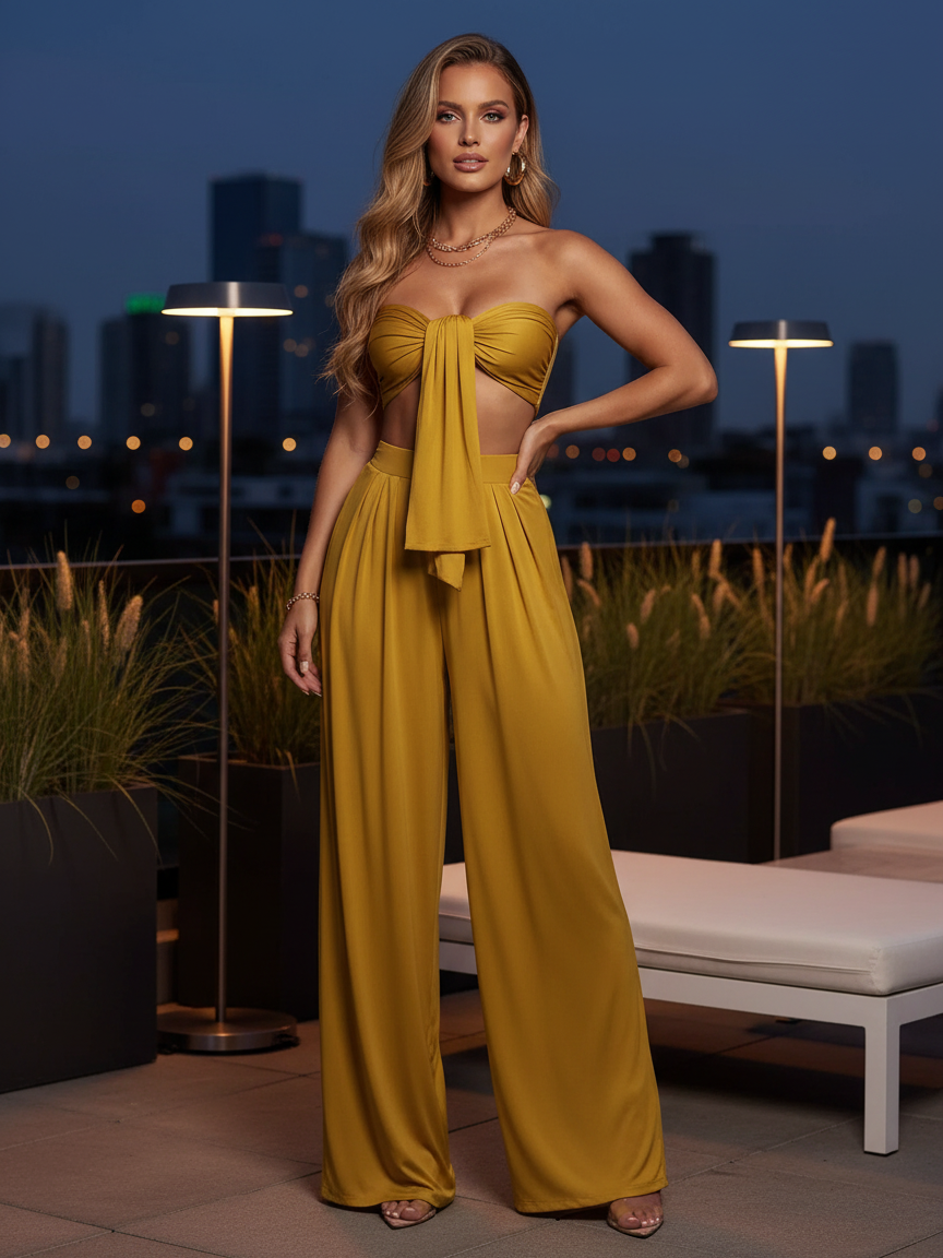 Mustard-yellow knot-bandeau top with matching wide-leg satin pants, model on a rooftop at night with city lights.