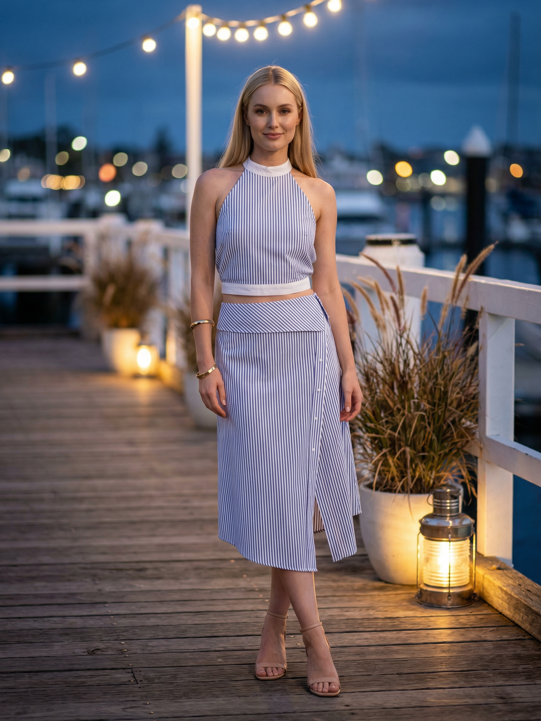 Woman in blue-and-white striped halter-backless crop top and matching midi skirt with wrap and buttoned front slit.