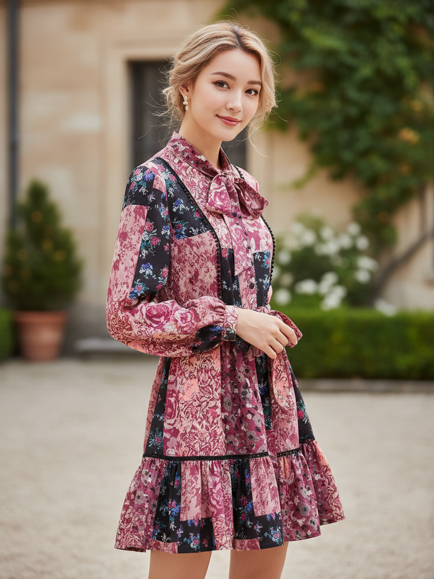 Woman in pink and black patchwork floral A-line dress with bow-tie neck, long sleeves, and tiered ruffle hem, outdoors.