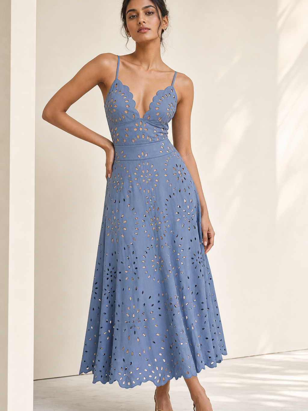 Blue Mirage Eyelet Bikini Skirt Set by SR Store, blue eyelet cutout one-piece swimsuit with scalloped hem.