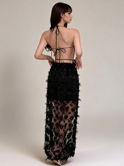 Noir Chain-Link Halter Monokini; black one-piece swimsuit with chain-link halter and back ties.