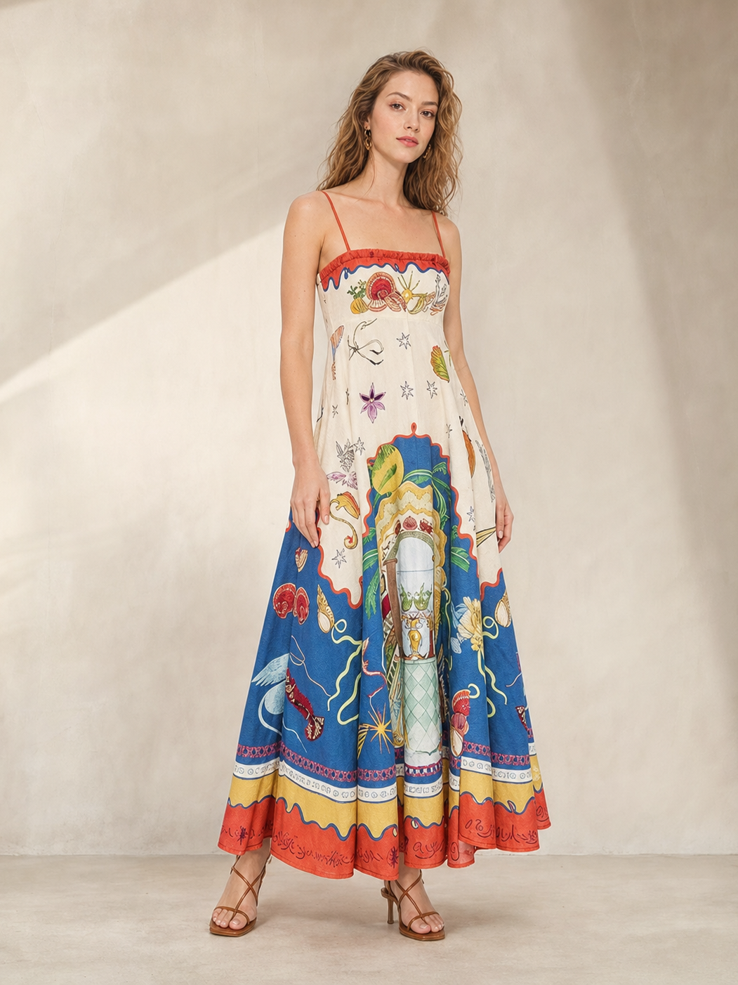 Shell Vintage Print Sundress Midi Dress Ivory by EXCLUSIVES; colorful shell-themed print