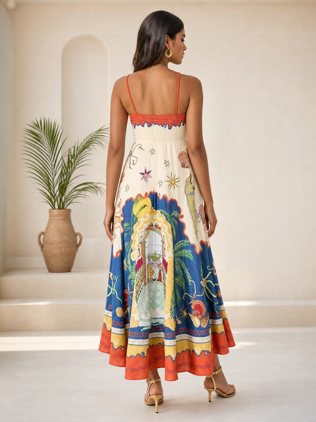 Shell vintage print sundress midi dress ivory with red trim and colorful tropical motif