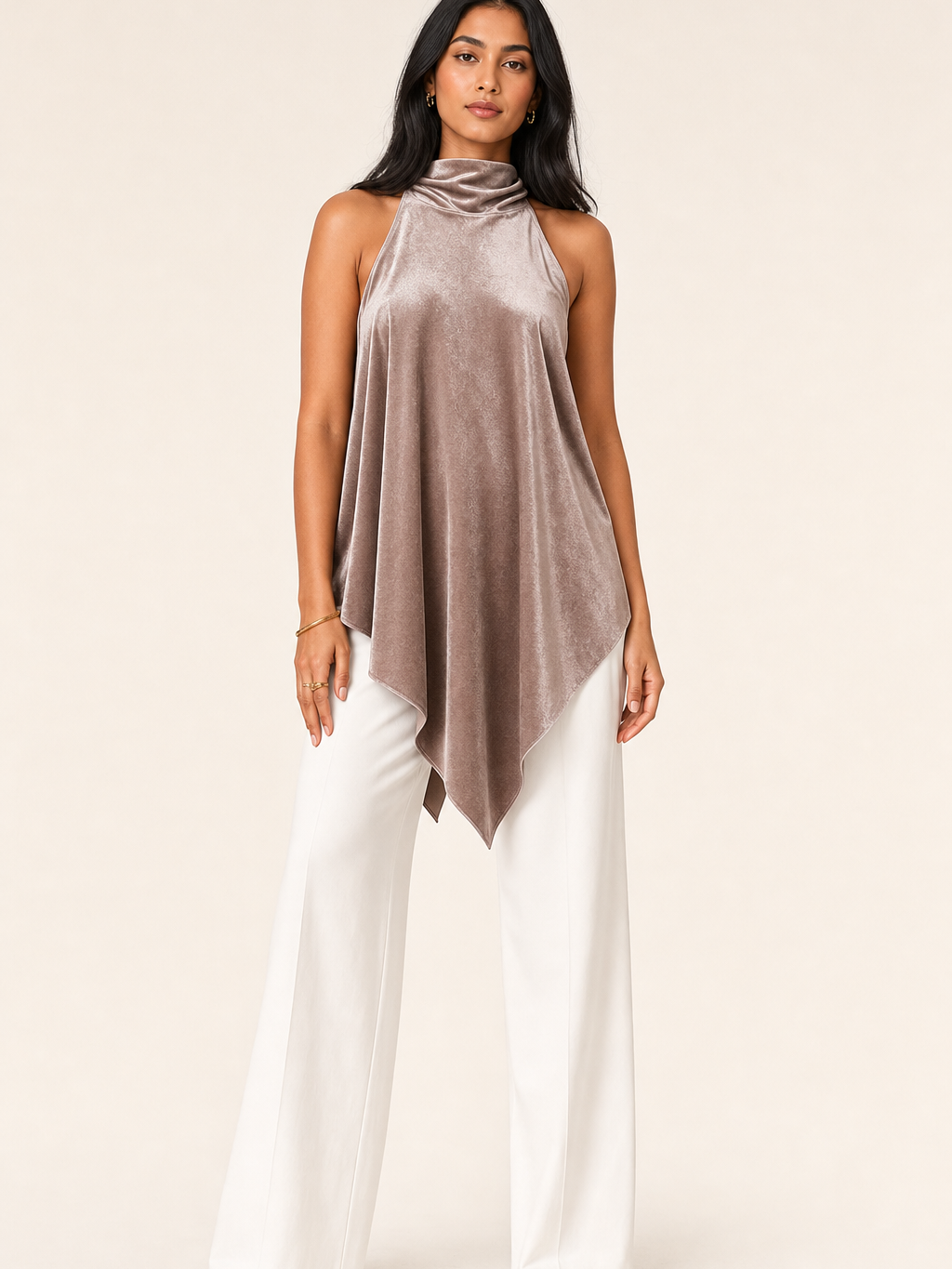 Velvet Drape Backless Halter Top by Exclusives, taupe velvet tank top on sale