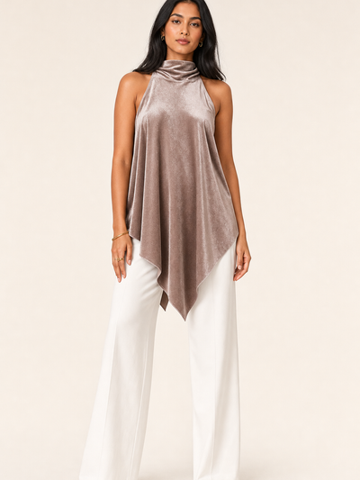 Velvet Drape Backless Halter Top by Exclusives, taupe velvet tank top on sale