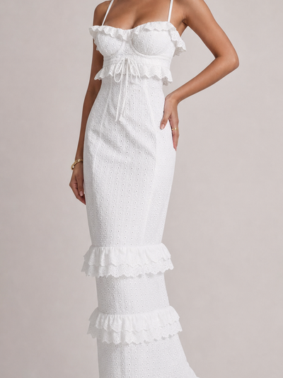 White Seraphine ruffle eyelet maxi dress by Exclusives on sale