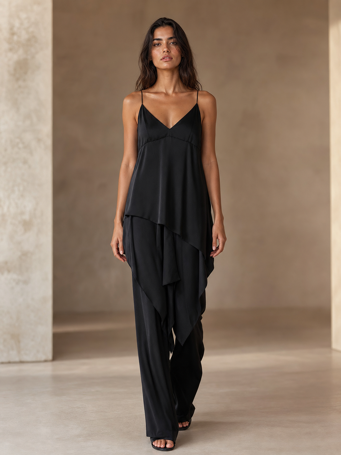 Tie-Front Handkerchief Hem Cami Top by Exclusives in black satin; tank top.